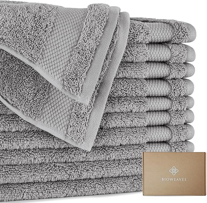 BIOWEAVES 100% Organic Cotton 700 GSM Plush Washcloths 13" x 13" GOTS Certified - Light Grey, Pack of 12