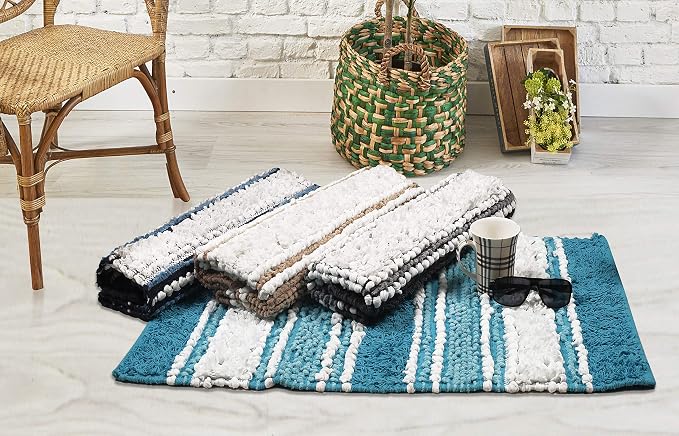 Chenille Cotton Bath Rug 20x32 Inches - Navy, Non-Slip Absorbent Quick Dry Floor Mat Ideal for Bathroom, Kitchen, Laundry Room | Blue Washable Accent Soft Shaggy Throw Door Mats for Entryway, Patio