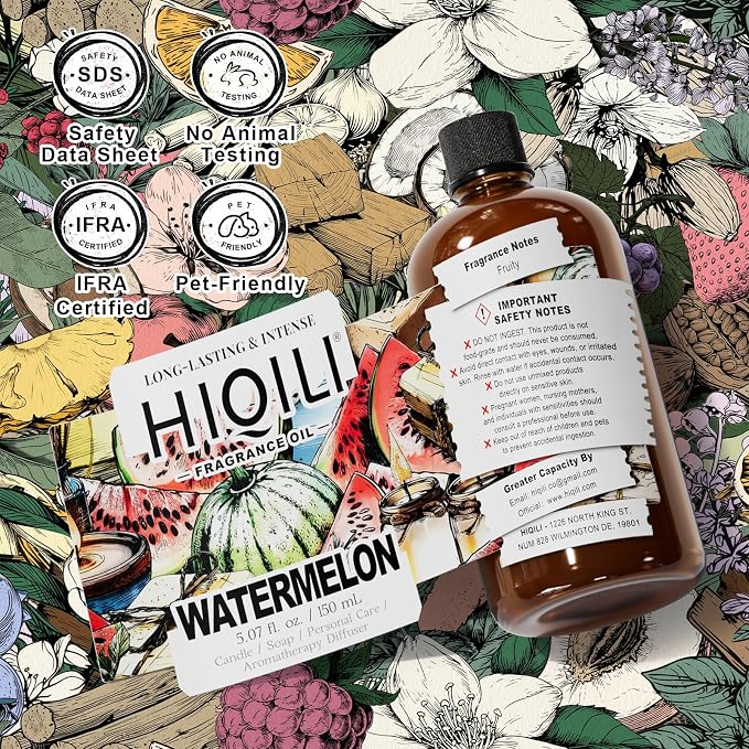 HIQILI Watermelon Fragrance Oil for Diffuser, Candle & Soap Making | DIY Fruity Perfume, Add to Bath Bombs, Long-Lasting Scented, Skin Care - 5.07 Fl Oz / 150 ML
