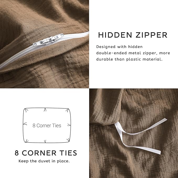 SE SOFTEXLY Muslin Duvet Cover King Size, 100% Washed Cotton Duvet Cover Set, Ultra Soft Comforter Cover Linen Like, 3 Pieces Minimalist Gauze Duvet Cover with 2 Pillowcases, 90"x104", Dark Brown