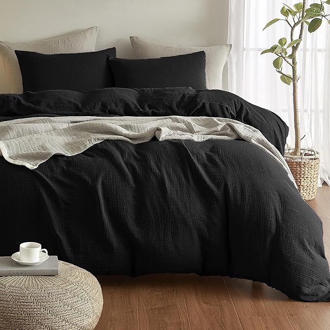 SE SOFTEXLY Muslin Duvet Cover King Size, 100% Washed Cotton Duvet Cover Set, Ultra Soft Comforter Cover Linen Like, 3 Pieces Minimalist Gauze Duvet Cover with 2 Pillowcases, 90"x104", Black