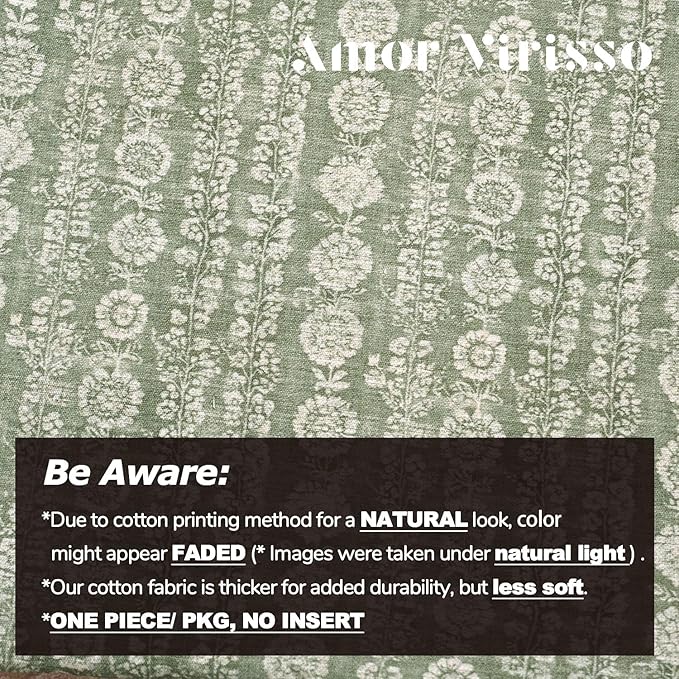 Amor Virisso Vintage Floral Throw Pillow Covers 20x20 Striped Farmhouse Block Print Pillow Cover Boho Neutral Decorative Pillows for Living Room Bed, Sage Green