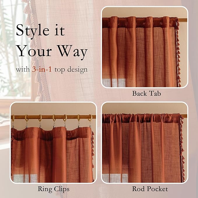 MYSKY HOME Boho Terracotta Tassel Curtains 84 Inches Long for Bedroom Living Room, Semi Sheer Light Filtering Bohemian Burnt Orange Curtains & Drapes for Sliding Door Privacy Farmhouse, 2 Panels