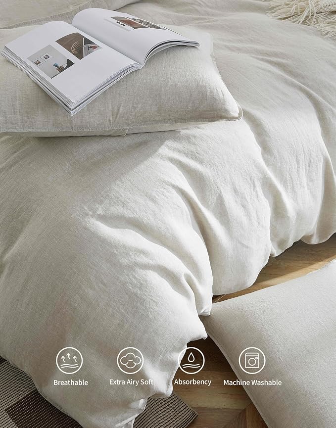 100% French Flax Linen Duvet Cover Set, Queen Size 90''x90'' 3 Pcs with 8 Corner Ties and Button Closure, Soft and Breathable for All Season (Natural Linen, Queen)
