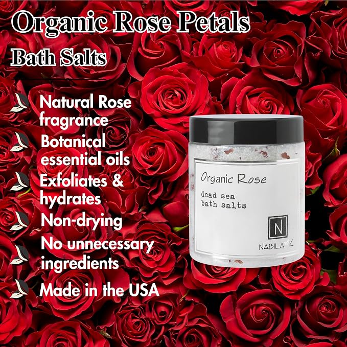 Organic Rose Bath Salts for Women & Men - Dead Sea Salt & Epsom Salt Soak and Scrub - Organic Rose Petals & Geranium Oil, Cruelty-Free, Sulfate-Free | 8 oz | Nabila K