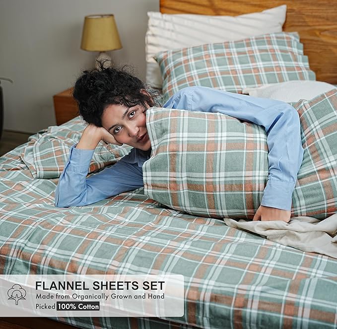 RUVANTI Flannel Sheets Full Size - GOTS Certified 100% Organic Cotton, 4 Piece Warm, Soft & Breathable Set, Deep Pocket Snug Fit, Double Brushed Cozy All Season Bedding, Spruce Blue