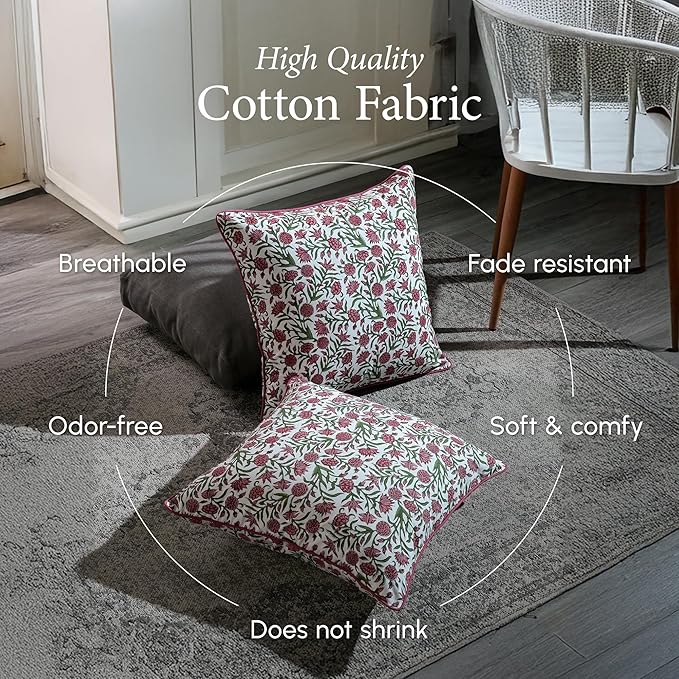 CPC 100% Cotton Throw Pillow Covers 20x20 Inch, Set of 2 Red Block Print Pattern Couch Pillow, Cute Boho Decorative Pillows for Living Room, Bedroom with Hidden Zipper- Red Garnet