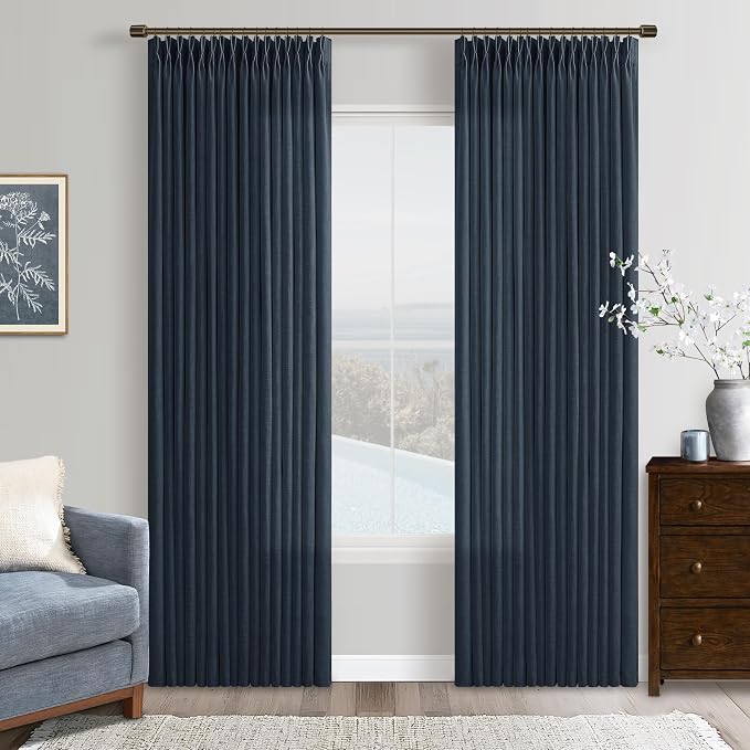 Dark Blue Linen Curtains 80 Inches Long 2 Panels Set for Living Room Pinch Pleated Semi Sheer Window Drapes Light Filtering Boys Men Bedroom Curtain with Back Tab 50 x 80 Inch Length Navy Indigo