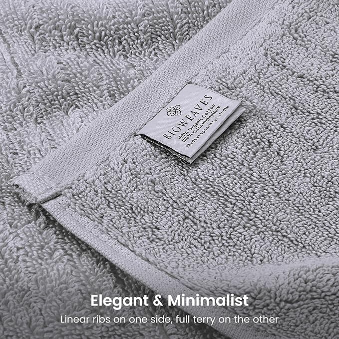 BIOWEAVES 100% Organic Cotton 6-Piece Luxury Bathroom Ribbed Towel Set GOTS Certified 700 GSM, 2 Bath Towel, 2 Hand Towel & 2 Wash Cloths - Lunar Rock