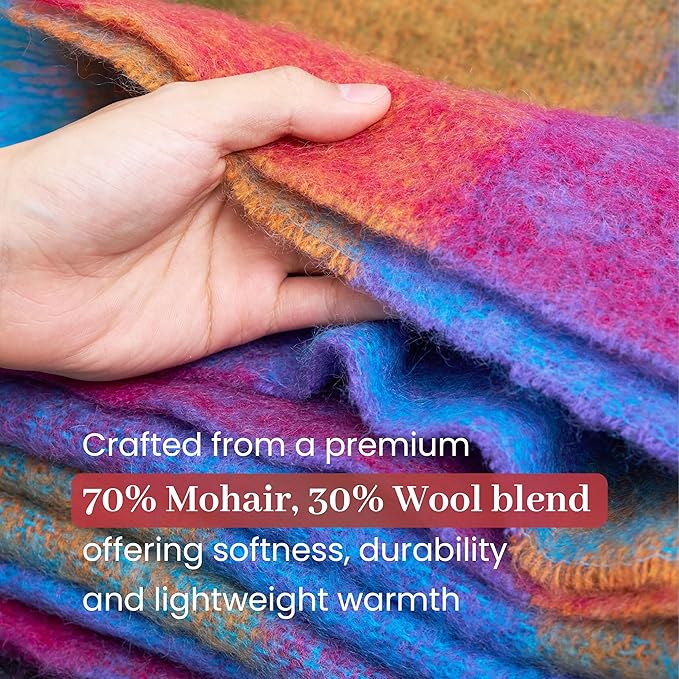 Biddy Murphy Ultra Soft Irish Mohair & Wool Throw Blanket, Made in Ireland, 54"x72", Bright Pink Mustard Purple & Aqua Block Check