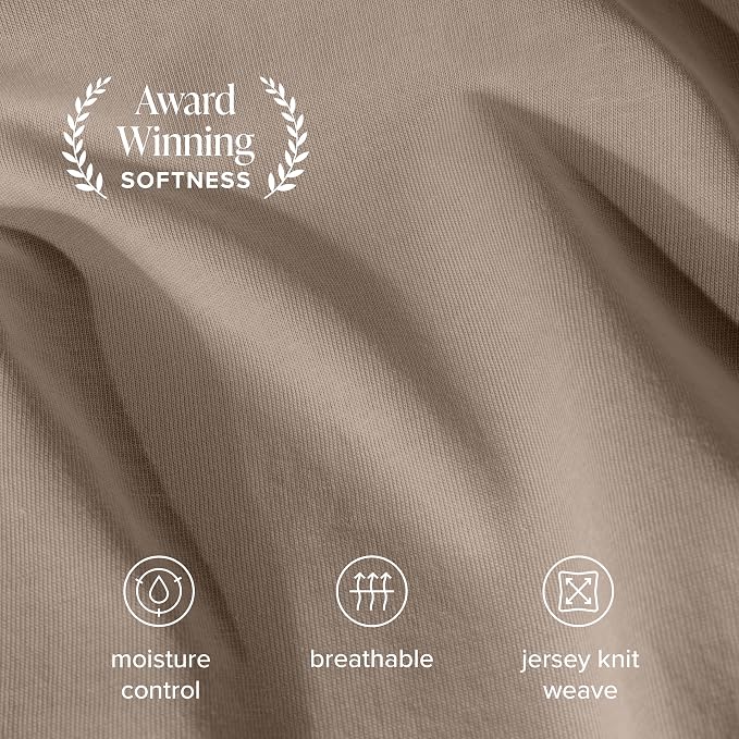 Bare Home 100% Organic Cotton T-Shirt Fabric Sheet Set, Ultra Soft, 100% Cotton Jersey - Sheet Set & Pillowcases - Deep Pocket Bed Sheets (King, Taupe)