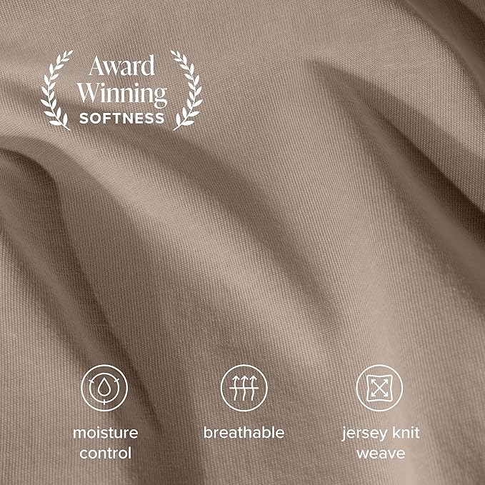 Bare Home 100% Organic Cotton T-Shirt Fabric Sheet Set, Ultra Soft, 100% Cotton Jersey - Sheet Set & Pillowcases - Deep Pocket Bed Sheets (Queen, Taupe)