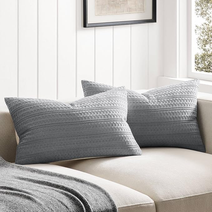 ZeeMart 100% Cotton Waffle Textured Lumbar Throw Pillow Covers Set of 2, 12x20 Inch Blue Ashes, Soft Farmhouse Decorative Couch Pillow Cases Dusty Blue Cushion Covers for Sofa Bed Living Room