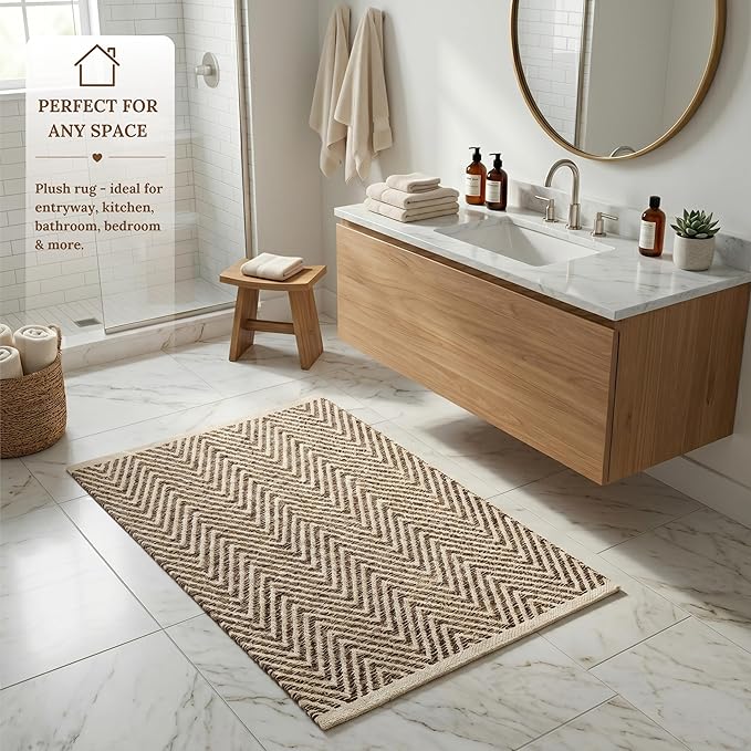 Cotton Chevron Hand Woven Area Rug 2x3 Feet - Beige, Farmhouse Decorative Floor Small Rugs Ideal for Entryway, Kitchen, Bedroom | Linen Washable Neutral Geomatric Reversible Front Door Patio Mats