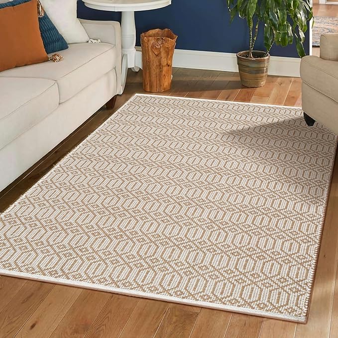 Cotton Diamond Hand Woven Area Rug 3x5 Feet - Beige, Large Farmhouse Geometric Dinning Space Rugs Ideal for Bedroom, Living Room, Office | Neutral Fibre Non Slip Patio Mats for Balcony Décor