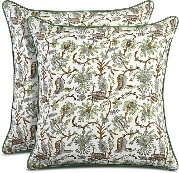 CPC 100% Cotton Throw Pillow Covers 18x18 Inch, Set of 2 Green Block Print Pattern Couch Pillow, Cute Boho Decorative Pillows for Living Room, Bedroom with Hidden Zipper- Mint Leaf