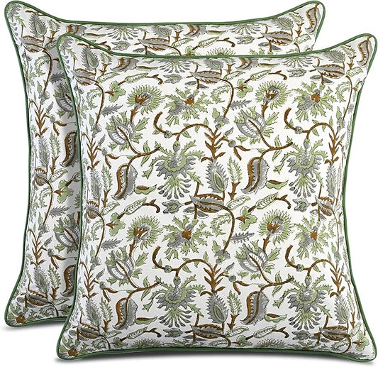 CPC 100% Cotton Throw Pillow Covers 18x18 Inch, Set of 2 Green Block Print Pattern Couch Pillow, Cute Boho Decorative Pillows for Living Room, Bedroom with Hidden Zipper- Mint Leaf