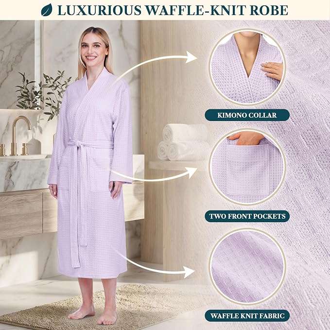 PAVILIA Womens Waffle Knit Robe Lightweight Cotton Blend Full Length House Bathrobe with Pockets
