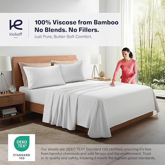 Kickoff Viscose Bamboo Pillowcase, Standard, Set of 2, 100% Organic Hidden Zippered Viscose Bamboo Pillow Case Standard Size, Cooling Pillow Cover for Hot Sleepers (20"x26", Trimmed, Iced Latte)