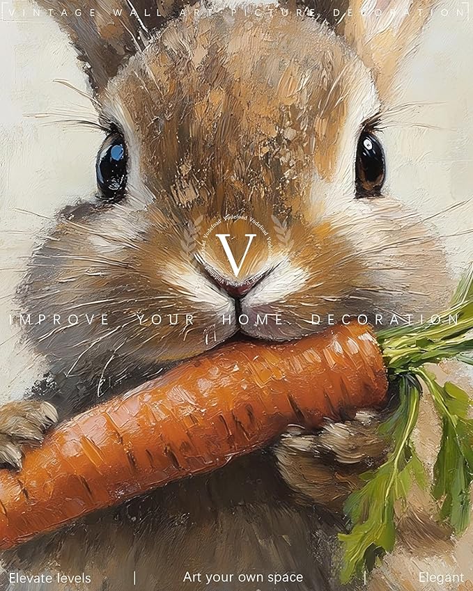 Vodefoad Carrot Rabbit Retro Vintage Canvas Wall Art Bunny Holding Carrot Canvas Cute Rustic Farmhouse Rabbit Wall Art Animal Nursery Decor, Spring Bunny Painting, Easter Bunny Print for Bedroom Bathroom Holiday Decor - 8x10Inch Unframe