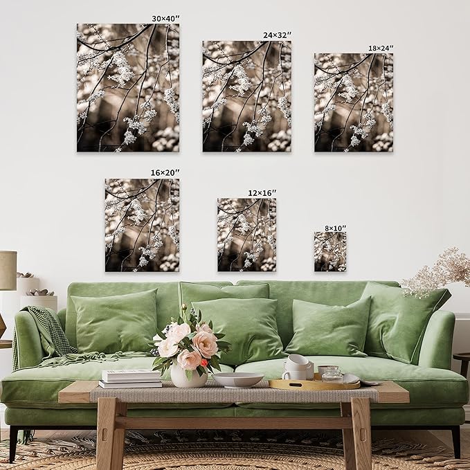 Monem Art Cherry Blossom Branch Photography Print - Moody Botanical Nature Art Poster - Wall Decor for Living Room, Bedroom or Office - 8x10 Silver Framed CANVAS Wall Art by Mareike Bohmer