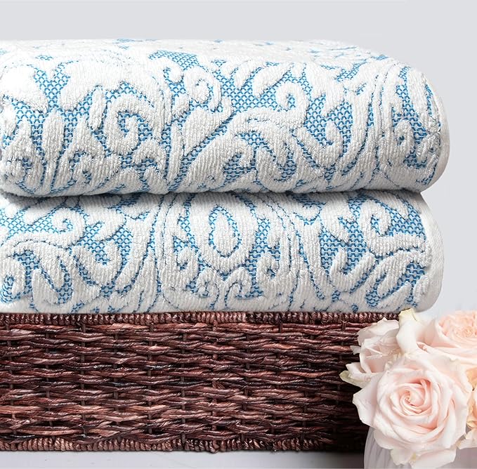 COTTON CRAFT Oversized Bath Sheet - 2 Pack XXL 32x89 - Premium Cotton Sculpted Medallion Jacquard Terry 7 Foot Extra Large Beach Blanket Towel Sheet - Big & Tall - 630 GSM Soft Absorbent Luxury - Aqua