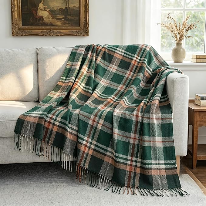 100% Wool Blanket Throw,Green Plaid Wool Blanket with Compact Bag,Rustic Soft Lightweight Blanket for Couch,Sofa,Bed & Lounging Decoration, Warm Travel Blanket for Home, Airplane,Ideal Gifts 55"x83"