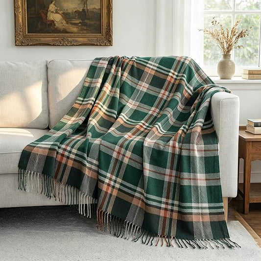 100% Wool Blanket Throw,Green Plaid Wool Blanket with Compact Bag,Rustic Soft Lightweight Blanket for Couch,Sofa,Bed & Lounging Decoration, Warm Travel Blanket for Home, Airplane,Ideal Gifts 55"x83"