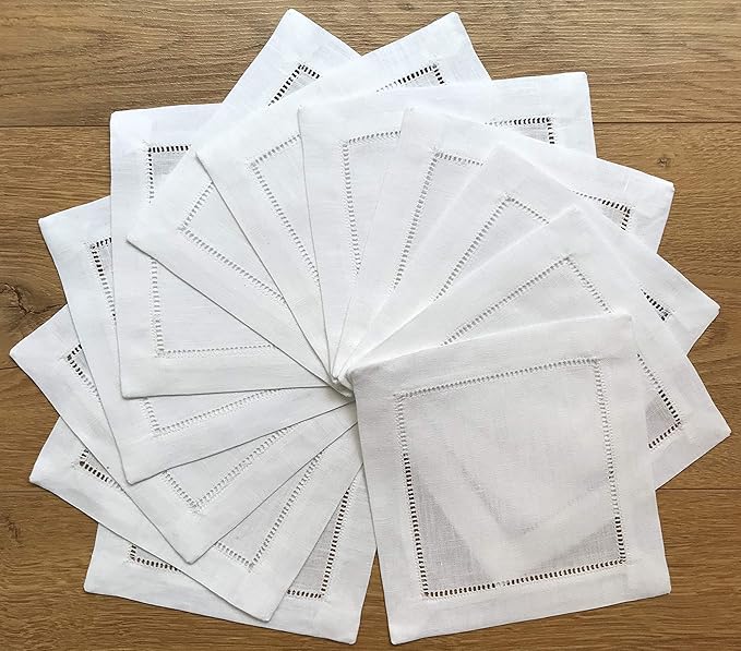 White Linen Cocktail Napkin 6"x6"-A Dozen Cloth Napkin Coasters-Ladder Hemstitch 100% Linen Beverage Party Napkin Coasters
