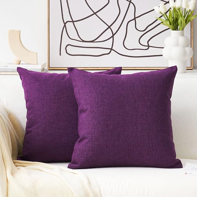 Home Brilliant Euro Sham Eggplant Pillow Covers Decorative Dark Purple Faux Linen Cushion Covers for Patio Garden Sofa Bench Couch, 24x24 inch, 60cm, Purple