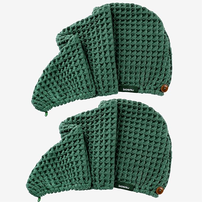 Luxury Organic Japanese Cotton Hair Drying Waffle Towel Wrap for Women | Absorbent, Quick-Dry Head Turban for Shower, Sauna, Spa | Extra Large for Long, Curly, Straight Hair With Button (Green, 2 Pc)