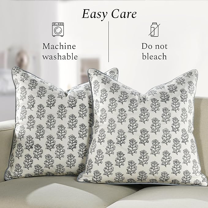 CPC 100% Cotton Throw Pillow Covers 20x20 Inch, Set of 2 Block Print Pattern Couch Pillow with Hidden Zipper, in Collabaration with Southern Source- Misty Grey Floral