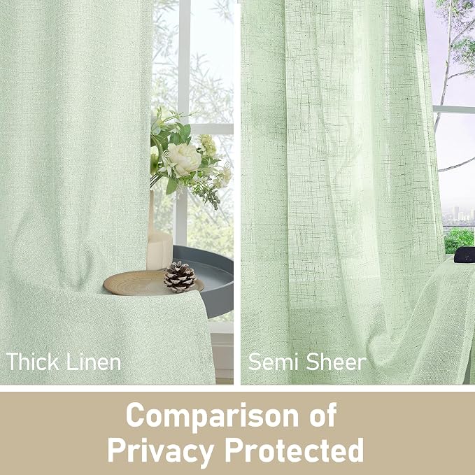 LAMIT Light Green Linen Curtains for Living Room 84 inch Length 2 Panels, Linen Blended Thermal Insulated Curtains Privacy Grommet Window Drapes for Bedroom, Set of 2 Panels, 52 x 84 Inch