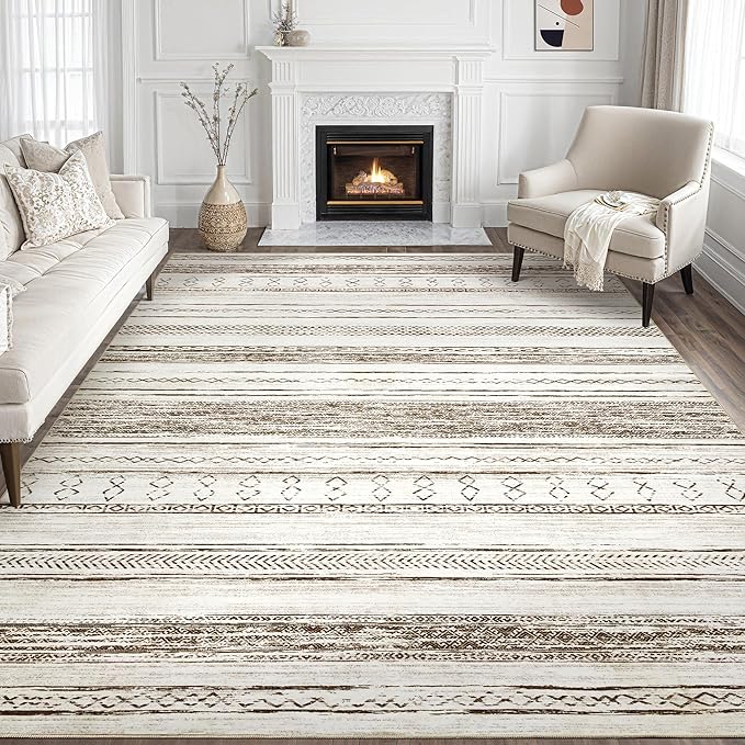 Tortania Area Rug Living Room Rugs - 8x10 Washable Large Soft Neutral Boho Moroccan Bohemian Farmhouse Rug Indoor Floor Carpet for Bedroom Under Dining Table Home Office Decor - Cream Brown