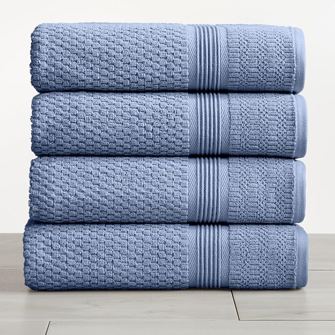 Market & Place 100% Cotton Waffle Weave Bath Towels Set of 4 – Soft, Quick-Dry, Lightweight, Textured Bathroom Towels – Country Blue | Zoey Collection