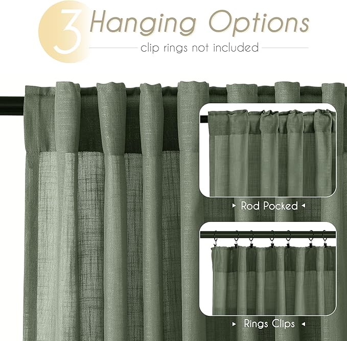 Olive Green Curtains 96 inch Length 2 Panels for Bedroom Back Tab Light Filtering Semi Sheer Drapes Linen Cotton Textured Airy Modern Farmhouse Living Room Sage Aesthetic Decor 52x96