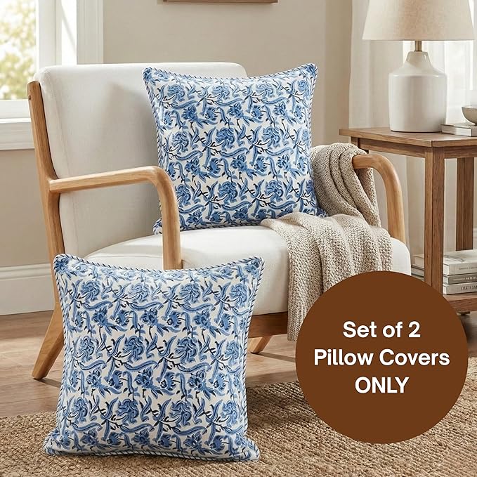 ATOSII Block Print Boho Throw Pillow Covers, 20 X 20, Set of 2 Decorative Couch Pillows for Living Room, 100% Cotton Canvas Acccent Pillows, Christmas Thanksgiving Fall Preppy Throws - Midnight Bloom