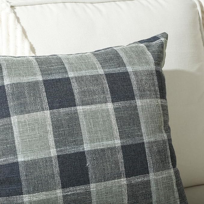 Stellhome Pack of 2 Linen Buffalo Check Throw Pillow Covers, Farmhouse Plaid Decorative Cushion Covers for Couch Sofa Living Room, 22x22 Inch, Dark Grey
