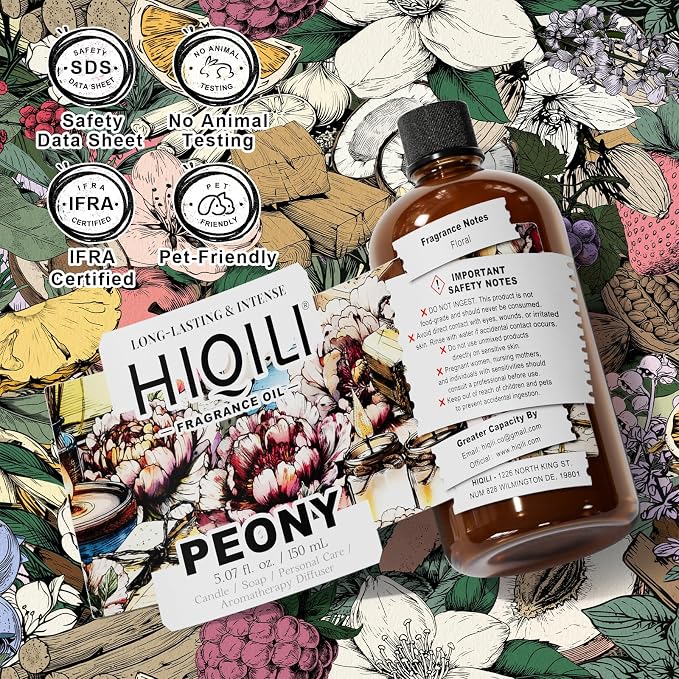 HIQILI Peony Fragrance Oil for Diffuser, Candle & Soap Making - 5.07 Fl Oz | Idea for Making Women's Perfume, Car Air Freshener, Skin & Body Care - 150 ML