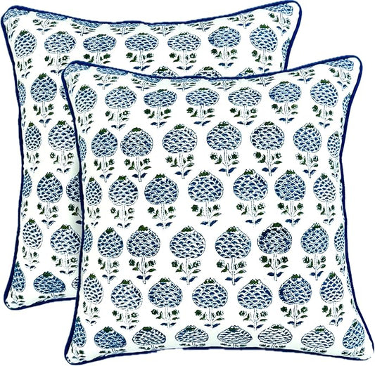 ATOSII Block Print Throw Pillow Covers, 20 X 20 - Set of 2, Decorative Couch Pillows for Living Room Bed Sofa, 100% Cotton Canvas Pillowcase for Home Decor & Outdoors, Preppy Throws - Roma Blue