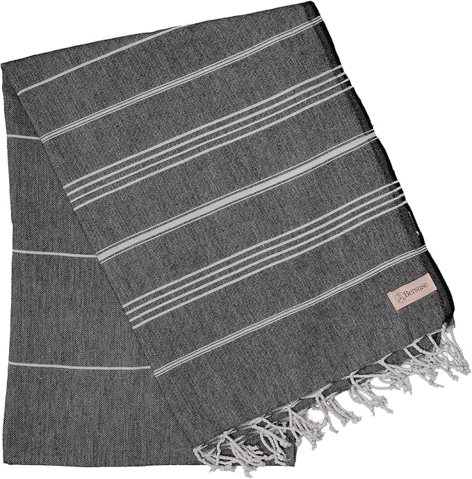 Bersuse Towels Anatolia XL Beach Blanket Throw Blanket Turkish Towel 100% Cotton Extra-Large Quick-Dry Lightweight Premium Peshtemal Towel - 61x82 Inches, Black