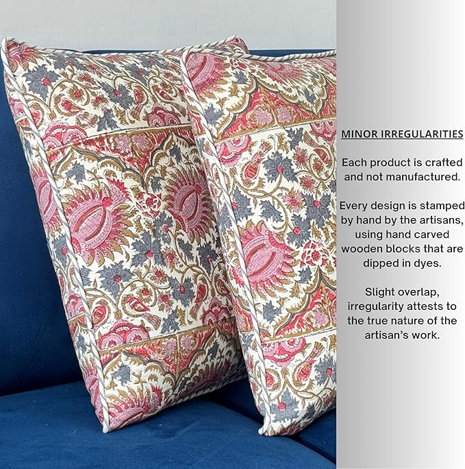 ATOSII Block Print Throw Pillow Covers, 18 X 18 - Set of 2, Decorative Couch Pillows for Living Room Bed Sofa, 100% Cotton Canvas Pillow Case for Home Decor & Outdoors, Preppy Throws - Bella