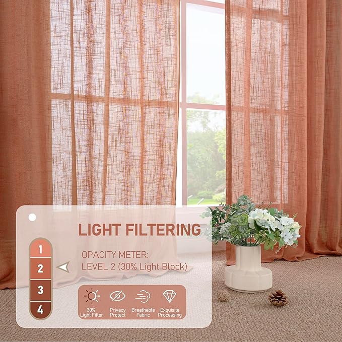 LAMIT Light Filtering Linen Curtains 68 inches Long for Bedroom, Linen Textured Semi Sheer Back Tab and Rod Pocket Boho Modern Drapes for Living Room/Farmhouse, Terracotta, 2 Panels, 52 x 68 Inch