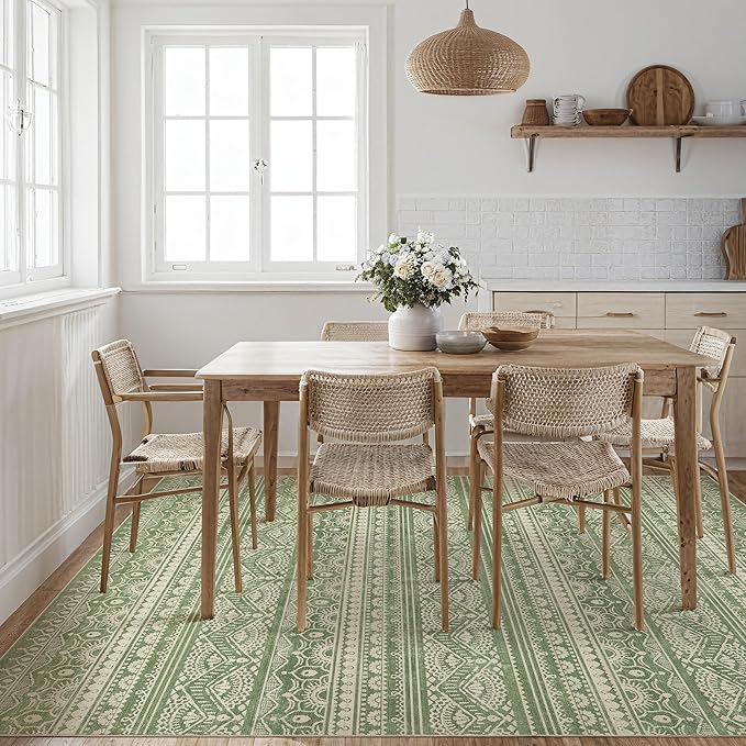 Tortania Area Rug Living Room Rugs - 6x9 Washable Large Soft Neutral Boho Moroccan Bohemian Farmhouse Rug Indoor Floor Carpet for Bedroom Under Dining Table Home Office Decor - Green