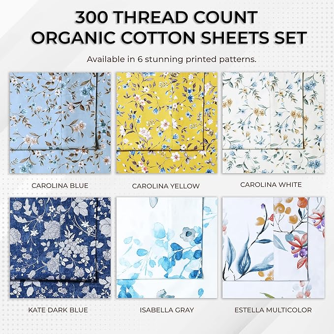 AZORES HOME Twin XL Organic Cotton Sateen Sheet Set - Deep Pocket, 300 Thread Count, 3-Piece Luxury Bedding, Isabella Grey