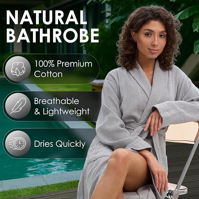 ATANI 100% Turkish Cotton Bathrobe S-XXL for Women & Men – Peshtemal Style Soft Cozy Lounge Robe, Absorbent & Lightweight