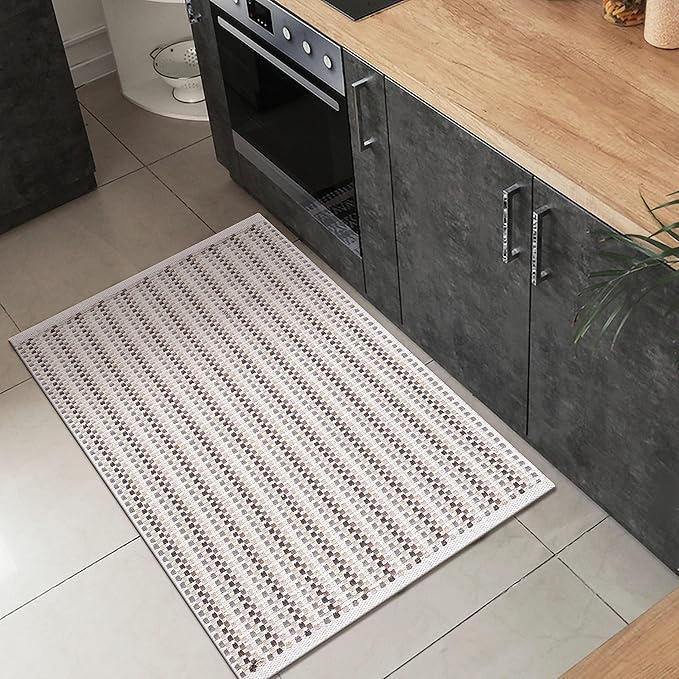 Cotton Chalk Stripe Woven Area Rug 2x3 Feet - Grey Beige, Farmhouse Soft & Durable Decorative Washable Floor Rugs Ideal for Entryway, Bedroom, Kitchen | Linen Small Nersery Space Reversible Door Mats