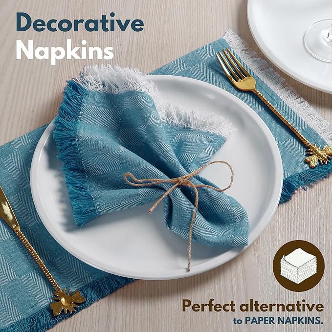 Native Fab Herringbone Cloth Napkins 16x16 inches, 100% Cotton Dinner Napkins with Fringes, Set of 12, Machine Washable Cloth Napkins, Soft Breathable Absorbent, Teal Green