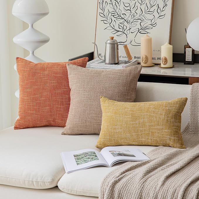 Kevin Textile Fall Throw Pillow Cover Burlap Lined Linen Decorative Pillow Covers Autumn Decor Cushion Covers for Couch, 2 Pack, 22x22 inch(55x55cm), Orange