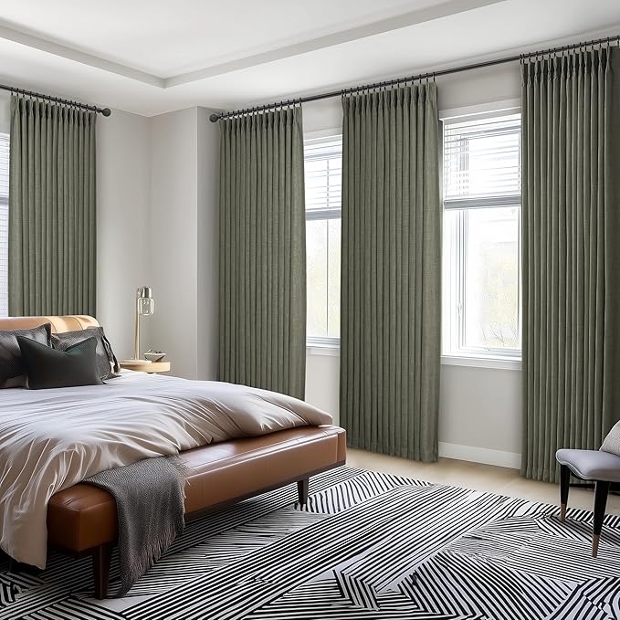 100% Blackout Greenish Gray Curtains 90 Inches Long for Kids Room, Memory Shape Pinch Pleated Natural Linen 40 x 90 Inch Length Aesthetic Curtain Privacy Light Block Window Drapes for Nursery Panels 2